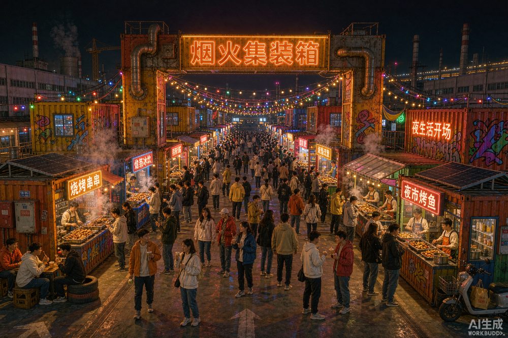 武汉东西湖工业风集装箱夜市夜景（AI示意图）