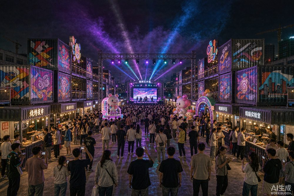 工业风集装箱艺术街区灯光夜市（AI示意图）
