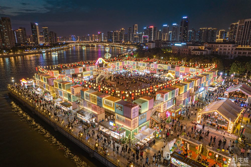 彩色集装箱夜市灯海（AI示意图）